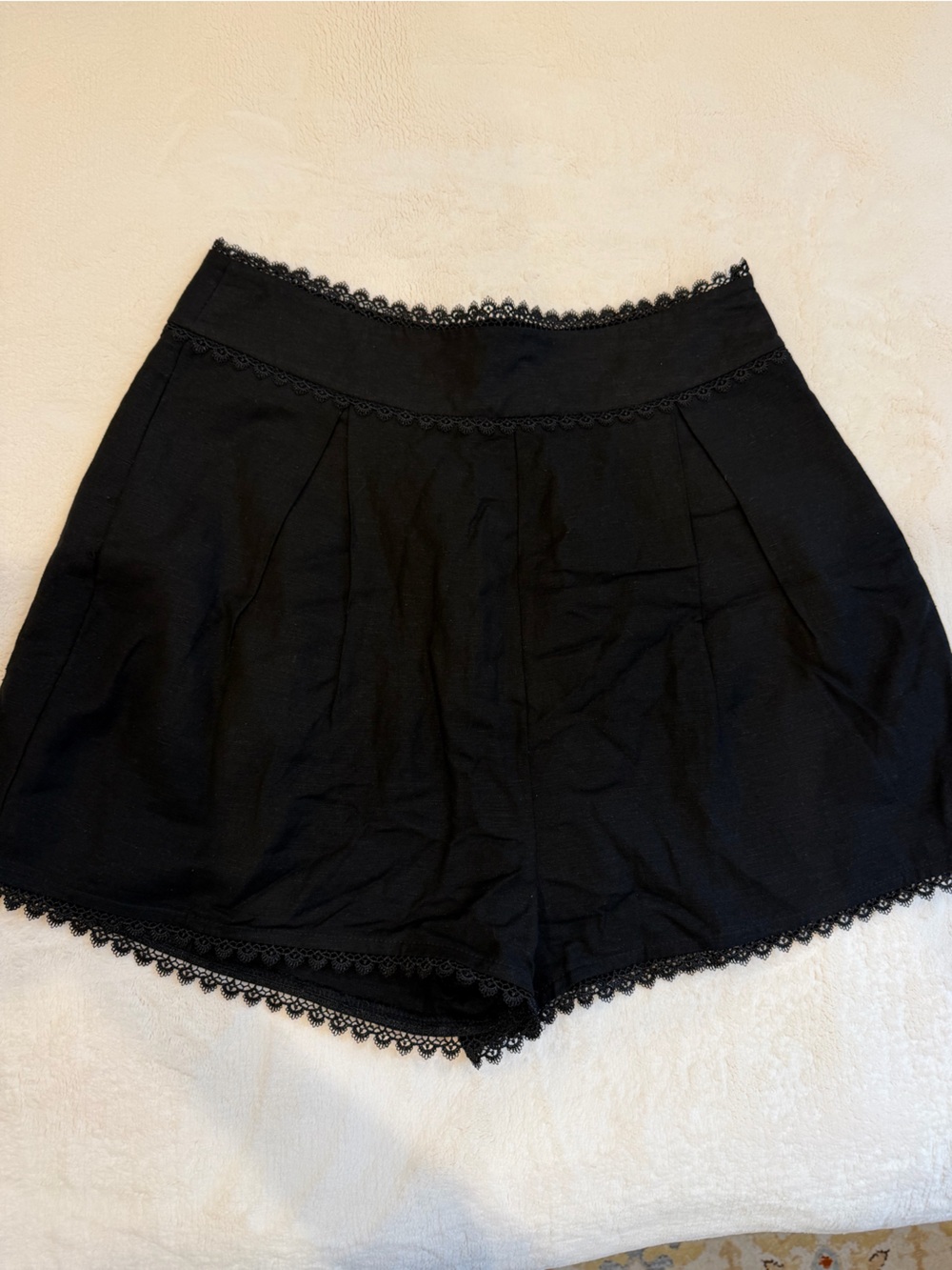Aqua Black Lace-Trim Women's Cotton Linen Shorts